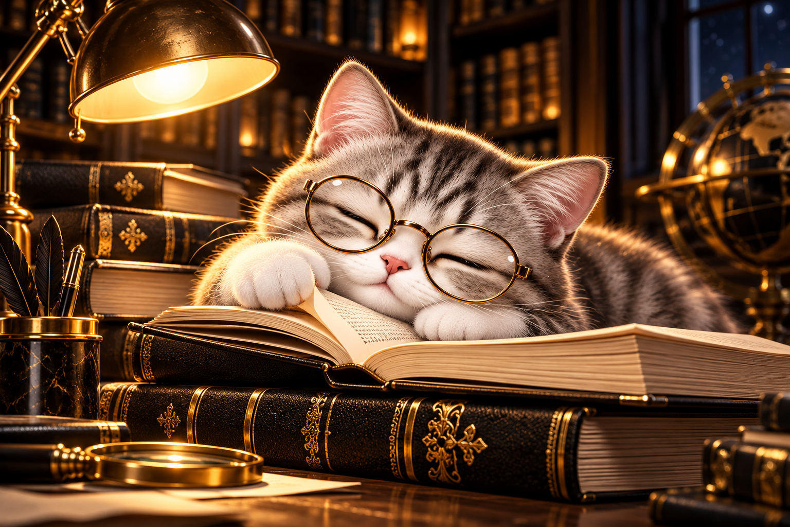 WikiCat naps on a stack of reference books under a warm golden reading lamp.