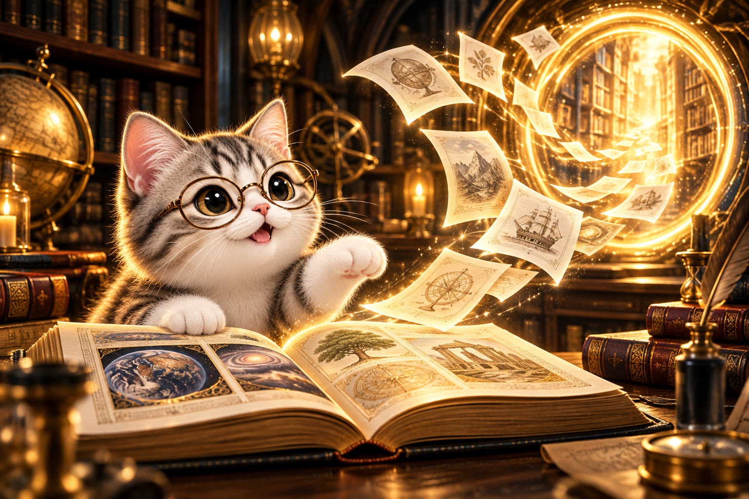 WikiCat discovers a glowing golden rabbit-hole portal beyond his open encyclopedia.