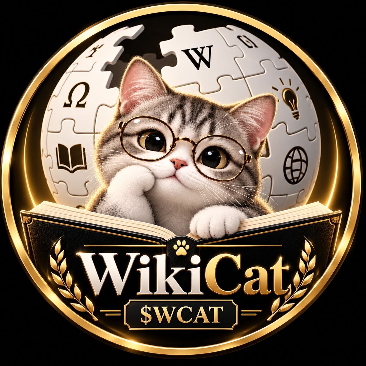 WikiCat, a curious tabby in round gold glasses, reading a book in front of a puzzle globe. The book reads WikiCat, $WCAT.